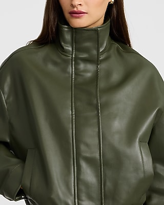 Faux Leather Funnel Neck Zip Front Bomber Jacket
