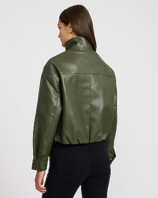 Faux Leather Funnel Neck Zip Front Bomber Jacket