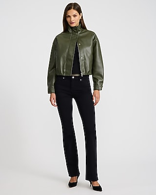 Faux Leather Funnel Neck Zip Front Bomber Jacket