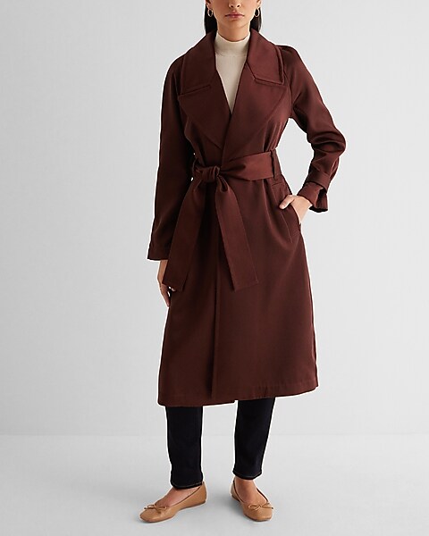 Express, Belted Faux Fur Trench Coat in Mocha