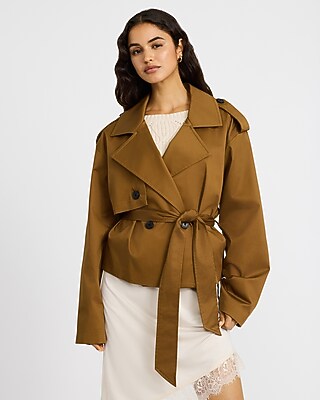 Double Breasted Cropped Belted Trench Coat