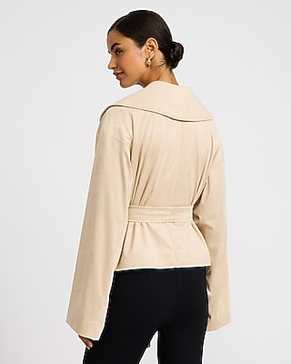 Faux Suede Belted Cropped Trench Coat