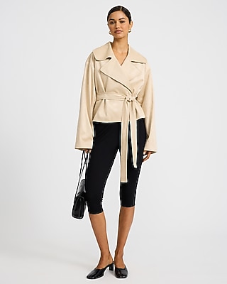 Faux Suede Belted Cropped Trench Coat