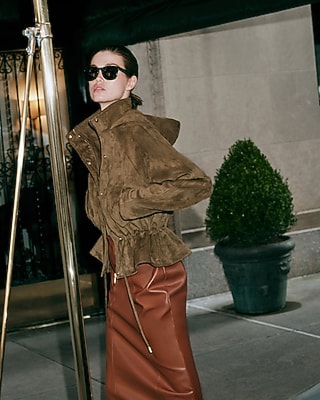 Faux Suede Funnel Neck Drawstring Peplum Jacket