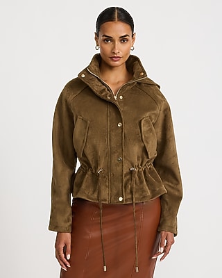 Faux Suede Funnel Neck Drawstring Peplum Jacket