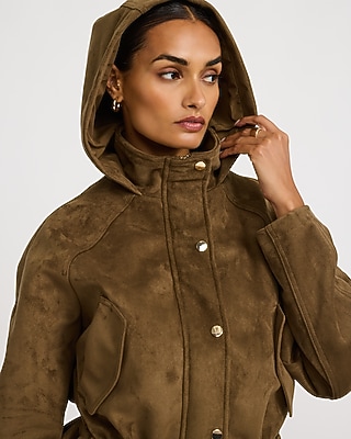 Faux Suede Funnel Neck Drawstring Peplum Jacket