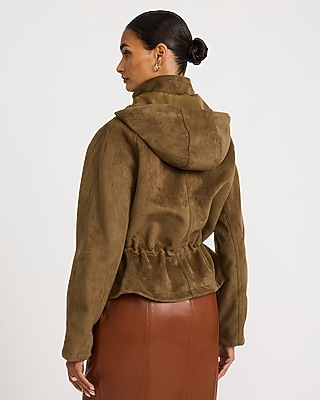 Faux Suede Funnel Neck Drawstring Peplum Jacket