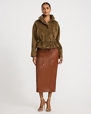 Faux Suede Funnel Neck Drawstring Peplum Jacket