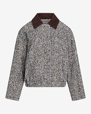 Herringbone Faux Suede Collar Bomber Jacket