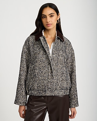 Herringbone Faux Suede Collar Bomber Jacket