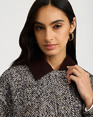 Herringbone Faux Suede Collar Bomber Jacket