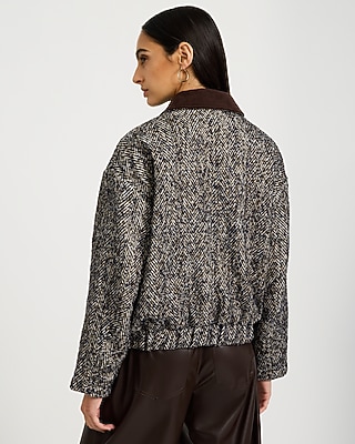 Herringbone Faux Suede Collar Bomber Jacket