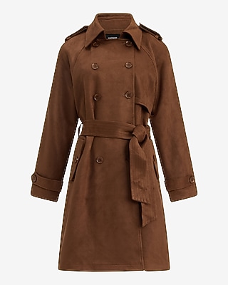 Faux Suede Double Breasted Belted Trench Coat - thumbnail 4