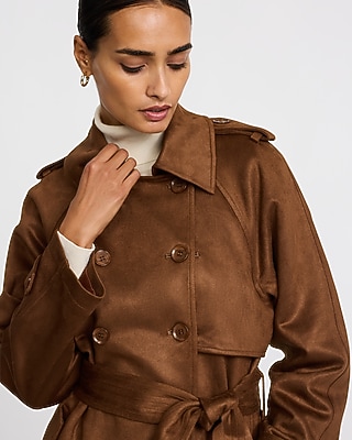 Faux Suede Double Breasted Belted Trench Coat