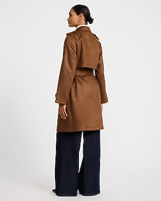 Faux Suede Double Breasted Belted Trench Coat - thumbnail 3