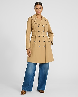 Piped Double Breasted Belted Midi Trench Coat
