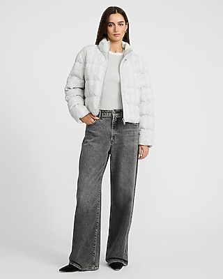 Printed Jacquard Zip Front Puffer Coat