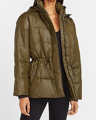 cinched waist puffer coat