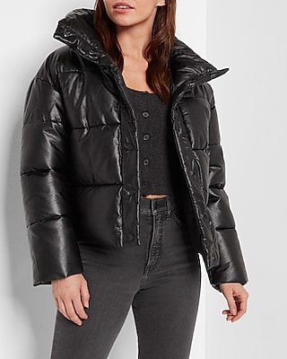 Faux leather puffer jacket with hood - Jackets - Women