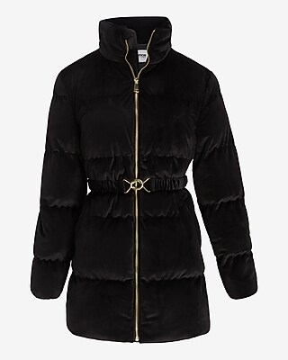 Black Velvet Belted Puffer Jacket