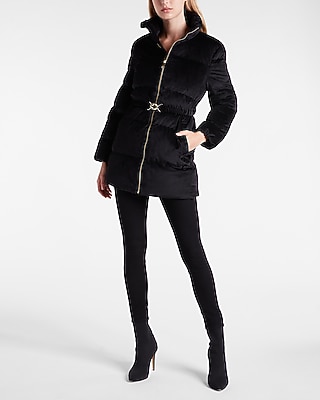 Black Velvet Belted Puffer Jacket