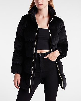 Black Velvet Belted Puffer Jacket