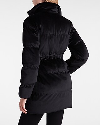 Black Velvet Belted Puffer Jacket
