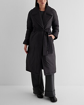 varet street back tuck coat ブラック Belted Puffer Trench Coat | Express
