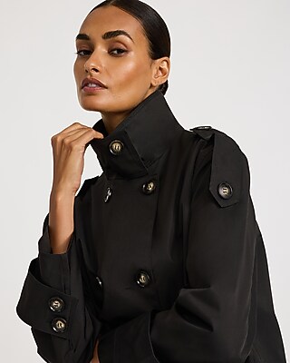 Double Breasted Funnel Neck Cropped Trench Coat