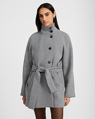 Wool-Blend Funnel Neck Belted Coat