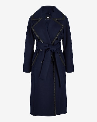 Navy Faux Leather Stitch Wrap Coat