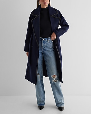 Navy Faux Leather Stitch Wrap Coat