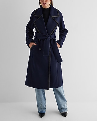 Navy Faux Leather Stitch Wrap Coat
