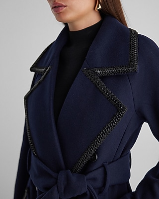 Navy Faux Leather Stitch Wrap Coat