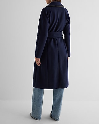 Navy Faux Leather Stitch Wrap Coat