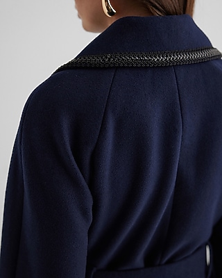 Navy Faux Leather Stitch Wrap Coat