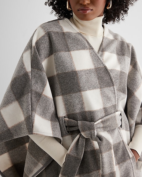 Faux Wool Plaid Belted Cape Coat   Express