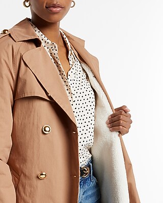 Nylon Sherpa-lined Novelty Button Belted Trench Coat | Express