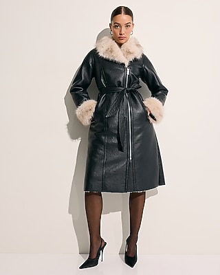WIESNER FUR TRIM BELTED PU JACKET- 980206200:PITCH BLACK:L