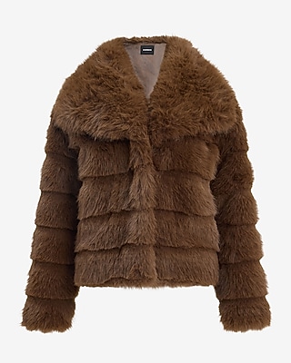 Striped Faux Fur Wide Collar Coat