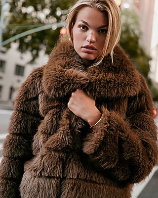 Striped Faux Fur Wide Collar Coat