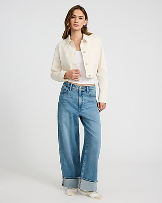 Cream Cropped Denim Jacket