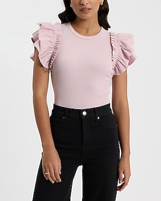 Ribbed Crew Neck Flutter Sleeve Bodysuit