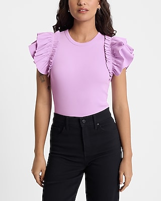 Ribbed Crew Neck Flutter Sleeve Bodysuit