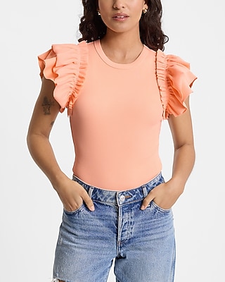 Ribbed Crew Neck Flutter Sleeve Bodysuit