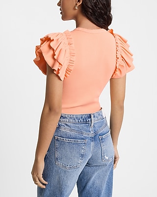 Ribbed Crew Neck Flutter Sleeve Bodysuit