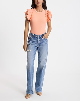 Ribbed Crew Neck Flutter Sleeve Bodysuit