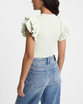 Ribbed Crew Neck Flutter Sleeve Bodysuit