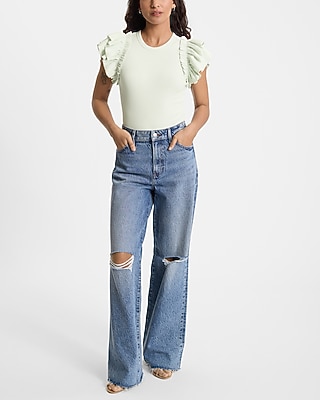 Ribbed Crew Neck Flutter Sleeve Bodysuit