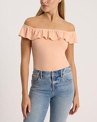 Ribbed Fitted Off The Shoulder Ruffle Bodysuit